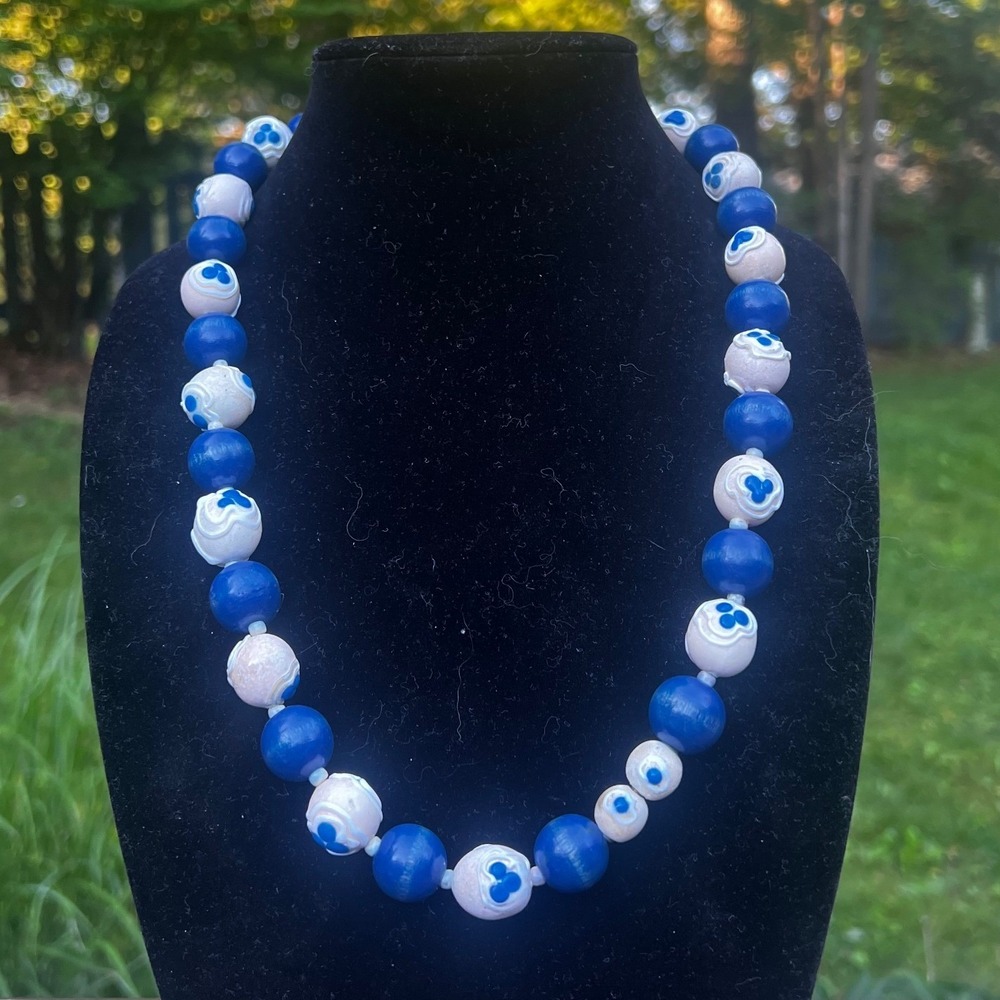 Vtg Blue White‎ Ceramic and Wood Beaded Necklace 24" Mediterranean Boho Coastal